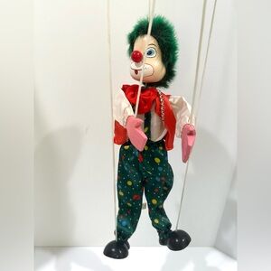 Puppet On Strings Green Hair Wood Clown Great Condition 12”